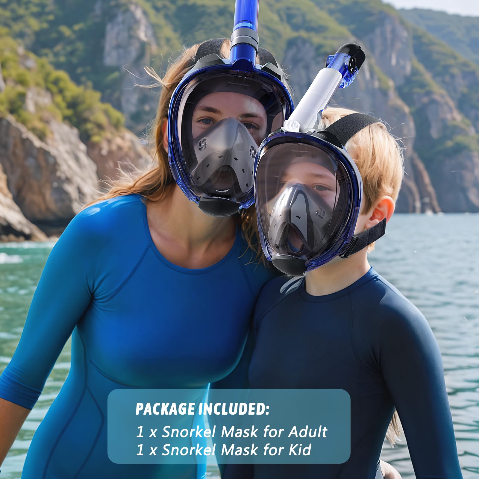 Greatever G2 Adults Kids Full Face Snorkel Mask 2 Pcs,Safe Breathing,Anti-Leak&Anti-Fog Snorkeling Mask with Camera Mount