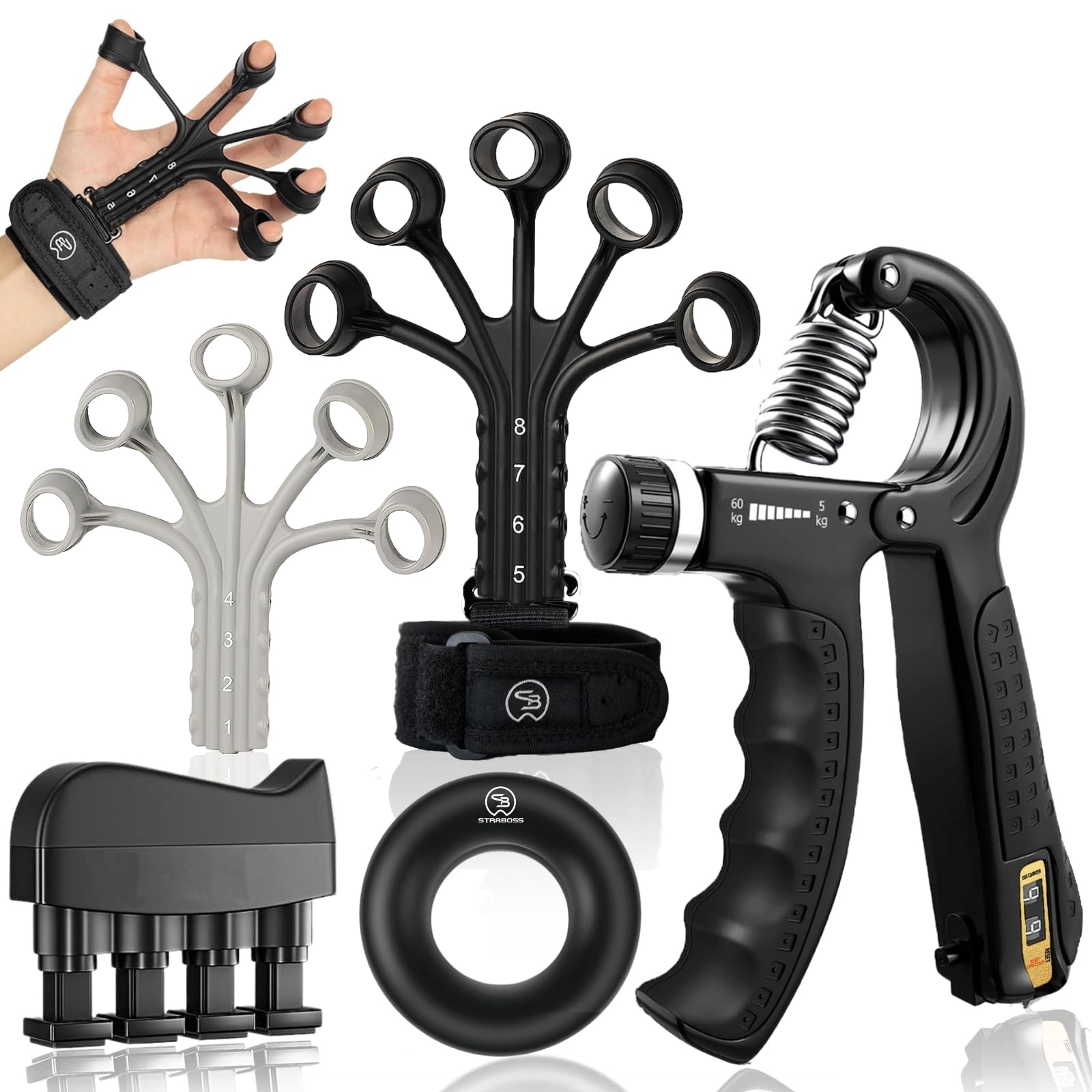Kit Renforceur Poignée Main - 5 à 60kg Réglable, Grip Strength Pour Musculation Et Récupération | Lot Complet