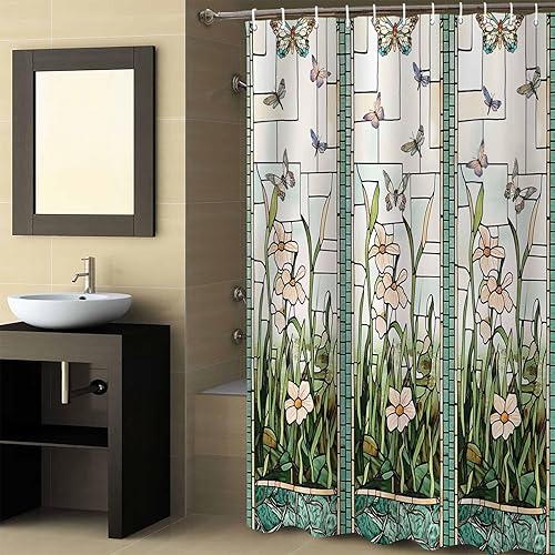 Miniatura 3 de Cortina de ducha impermeable con estampado de flores de prado, libélula, tela de poliéster, cortina de baño para el hogar, hotel, apartamento, baño,