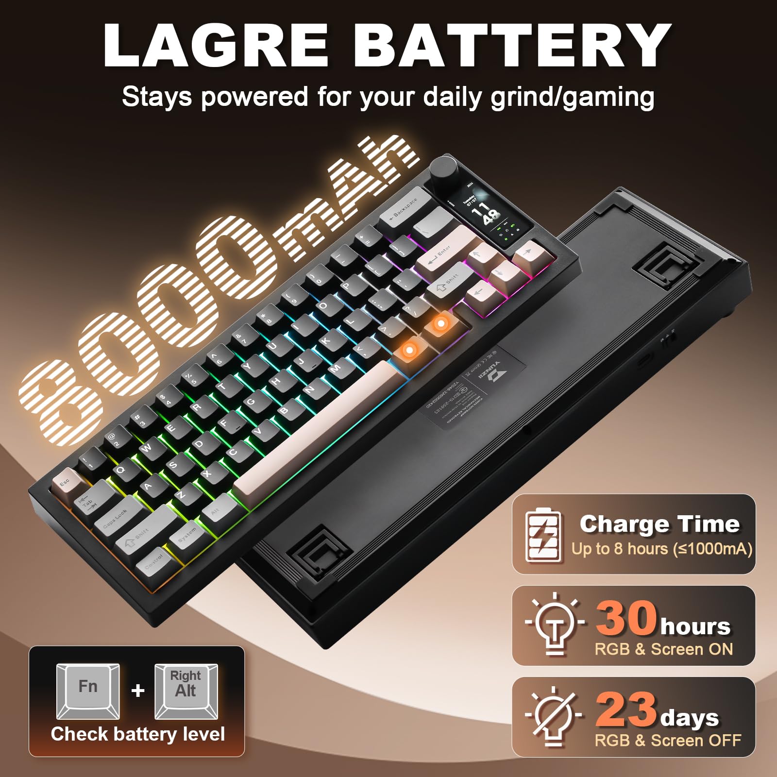 YUNZII IF68 Teclado Mecánico Gaming Inalámbrico QMK/Via (Negro, Milk V2) | 65% Pantalla TFT con Perilla, Bluetooth/2.4G/USB-C, Hot Swap, PBT, Retroiluminación RGB, US ANSI, para Mac/Win