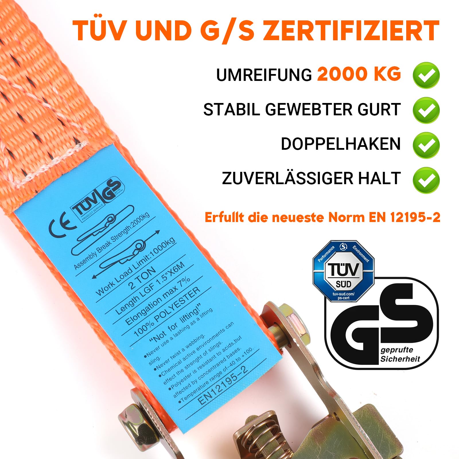 12 Stück Spanngurte mit Ratsche und Haken 2 teilig 2000kg 6m 38mm 2000 daN 2t Ratschengurte TÜV/GS Zertifiziert Zurrgurte wetterfest & robust