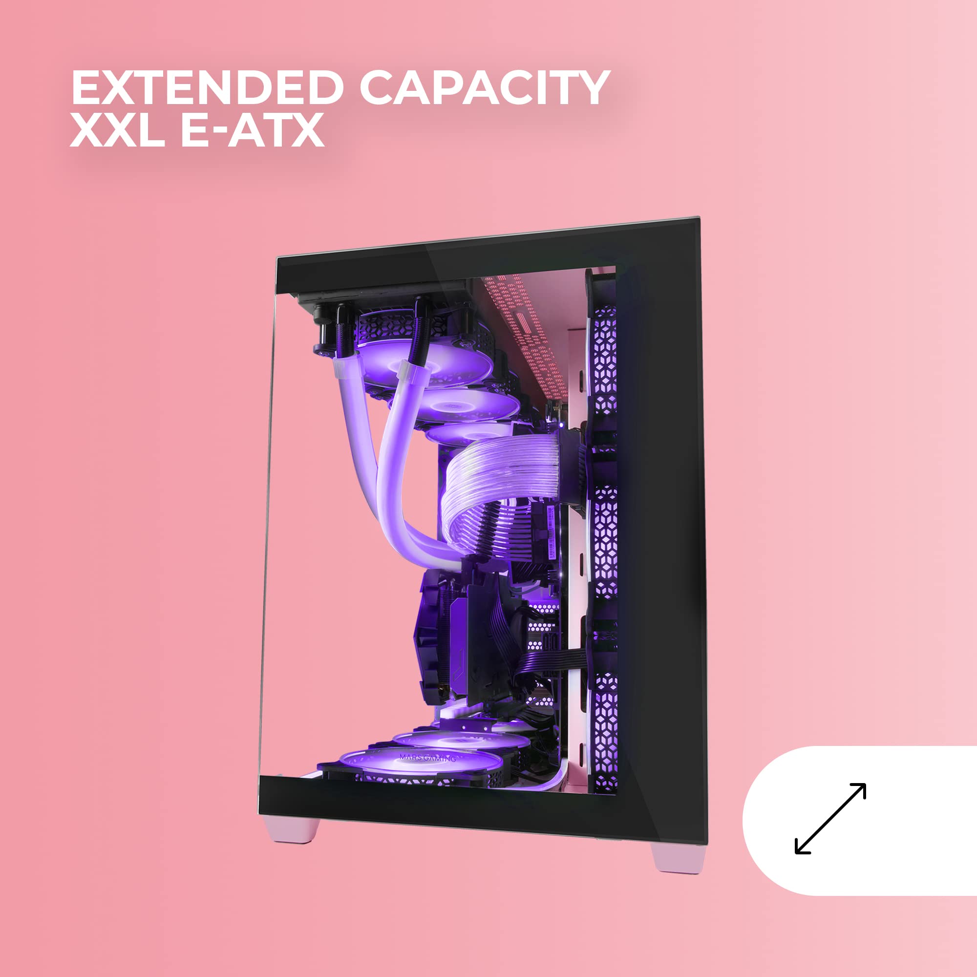 Mars Gaming MCV4, Torre Gaming Custom XXL E-ATX, Finestra Vetro Temperato Frontale e Laterale Senza Cornice, Struttura Modulare Doppia Camera, Rosa