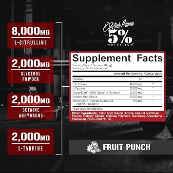 5% Nutrition FullAF Pre-Workout | Stim-Free with Massive Pumps | L-Citrulline, L-Taurine, Nitrosigine, GlycerSize | 13.05 oz (Fruit Punch)
