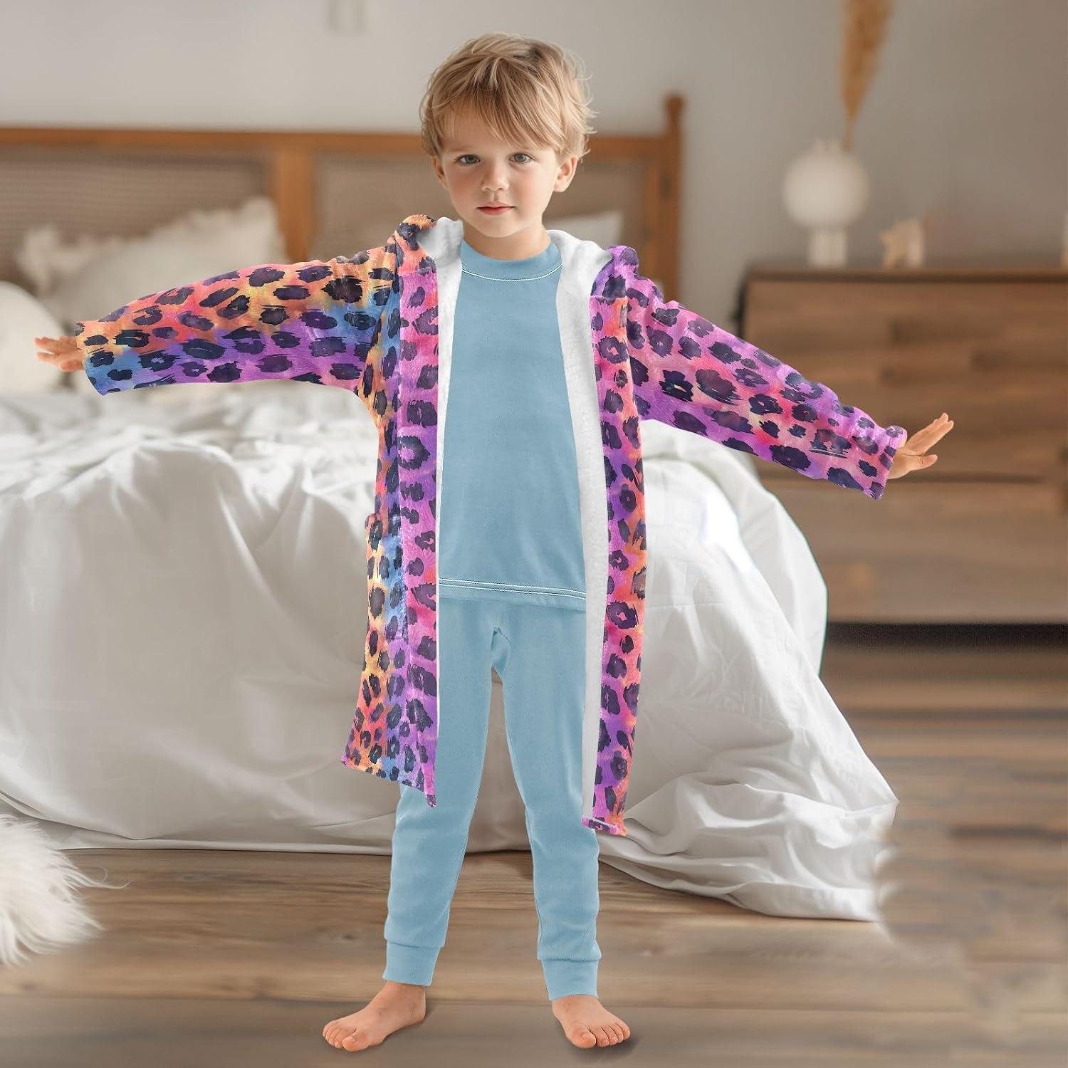 Purple Watercolor Leopard Print Toddler Hooded Bathrobe for Boys Girls Soft Plush Bath Towel Robe 2-12 Years