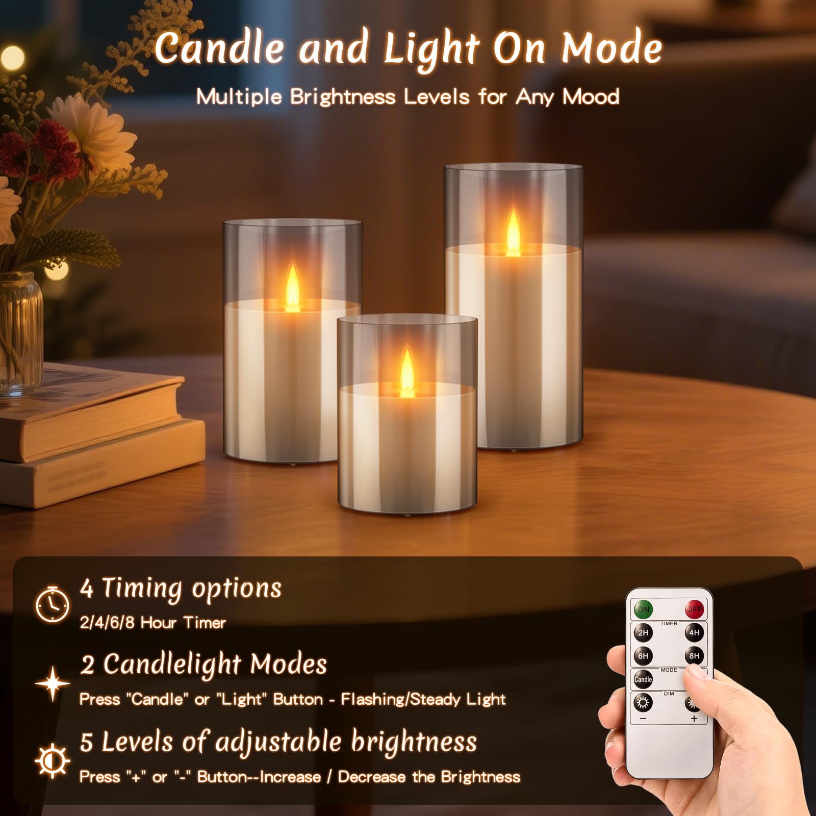 3PC LED Candles Rechargeable with Motion Sensor, Flameless Candles in Glass with Remote Control Timer Function - Image 4