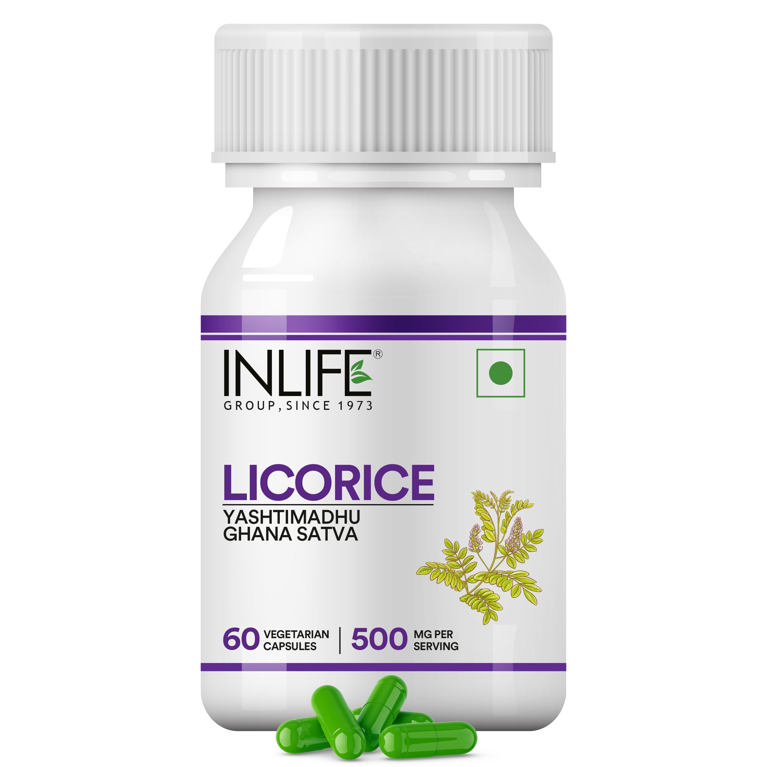 INLIFE Licorice Root Extract (Yasthimadhu) Standardized to >20% Glycyrrhizinic Acid Supplement, 500 mg - 60 Vegetarian Capsules (Pack of 1)