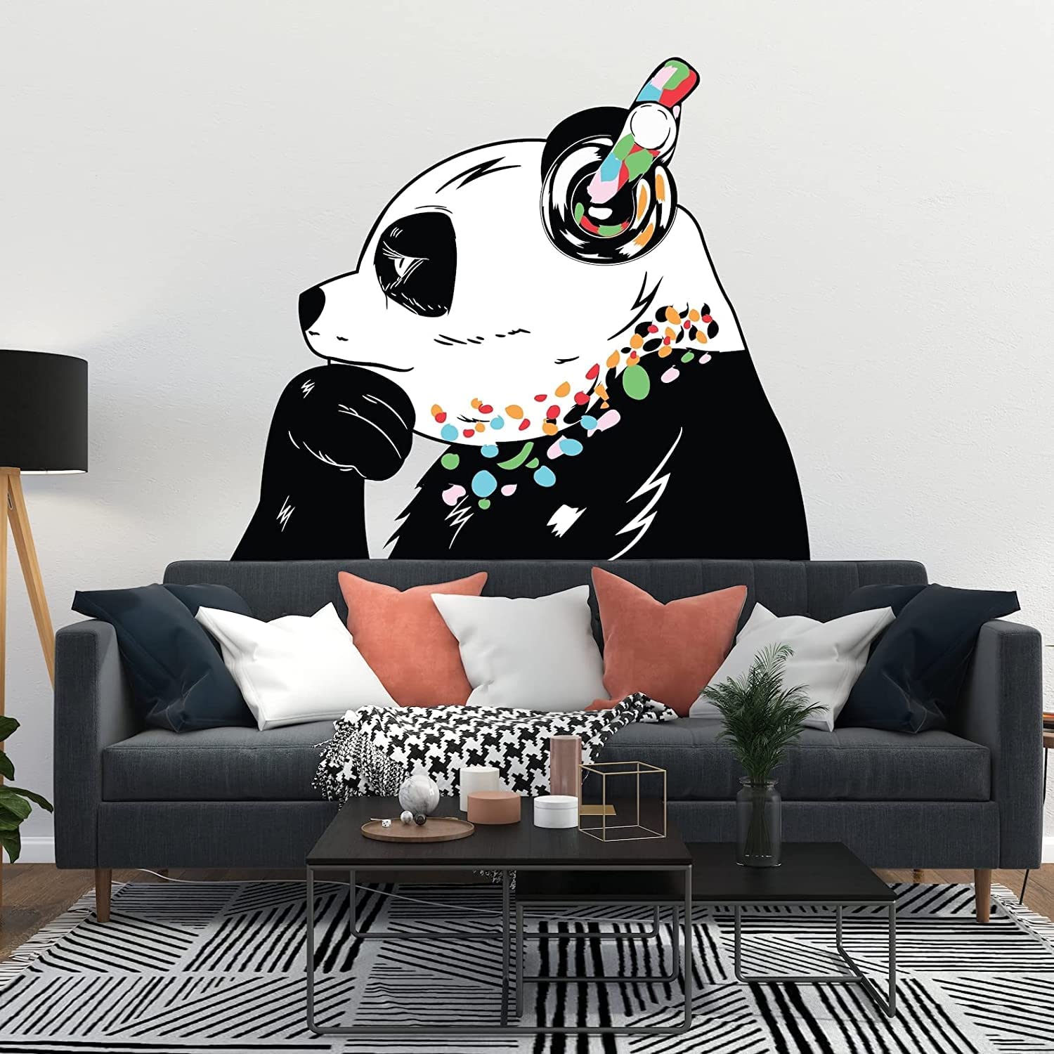 Panda Wandaufkleber – Thinking DJ Panda Bear Kopfhörer Vinyl Aufkleber – lustige coole Graffiti Musik Denker Pandas schwarz großes Wandbild (240 x 166 cm)