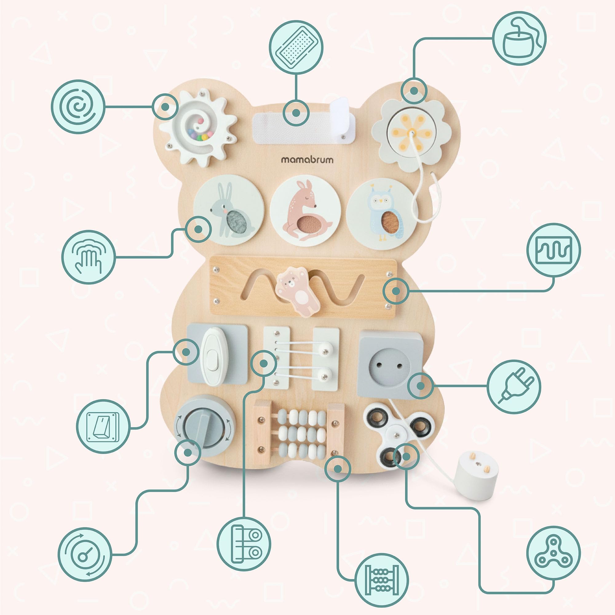 mamabrum Tabla Sensorial Montessori Oso – Juego Educativo Manipulación & Motricidad, Laberinto, Velcro, Enchufe & Botón Clic, Madera Sólida, Desarrollo Coordinación Bebés Niños