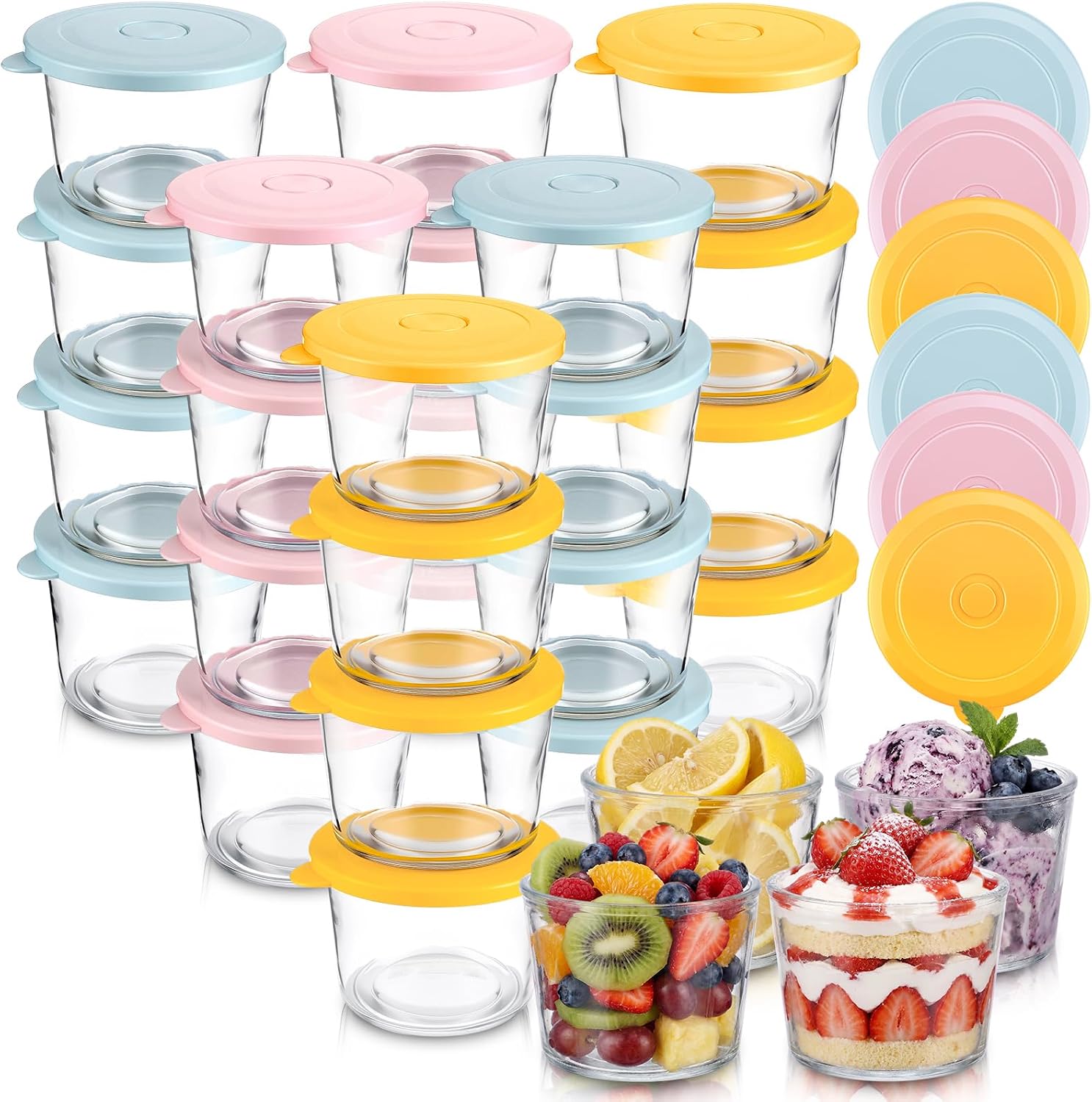 Sawysine 15 Pack Small Glass Bowls with Lids 8.5oz Mini Glass Custard Cups Stackable Small Food Container for Meal Prep Spices Seasonings Sauces Dips, Nuts Oats, Dessert, Cereal (Cream)