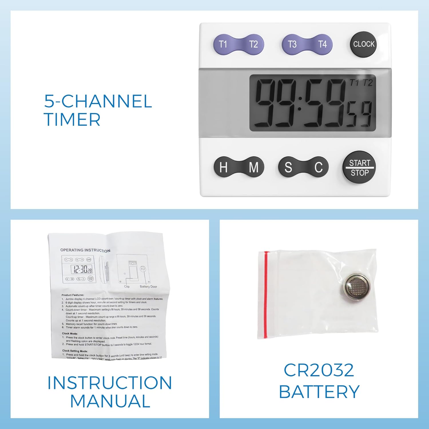 Sper Scientific Timer package contents: timer, instruction manual, CR2032 battery