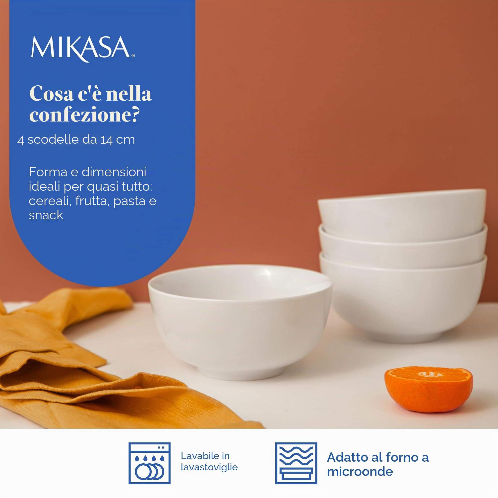 Mikasa Chalk Set di 4 ciotole di cereali in porcellana, per l'uso quotidiano e formale, 14cm - Adatto a microonde e lavastoviglie