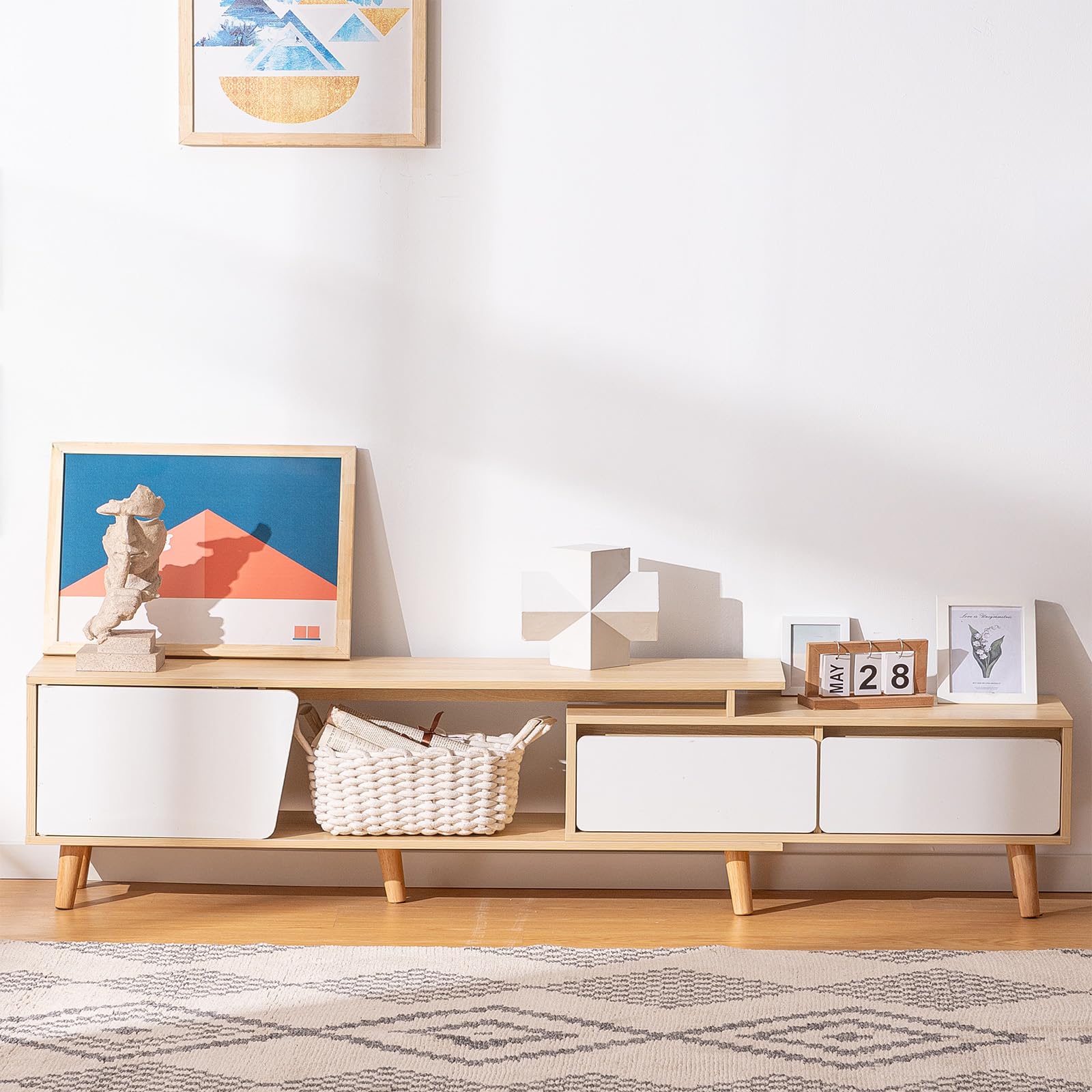 Meuble TV Extensible 140–190 cm, 2 Tiroirs, 1 Porte et 1 Niche Ouverte, Meuble Tele Bois et Blanc, Meuble Télé avec Rangement, Table TV pour Salon ou Chambre, Design Moderne