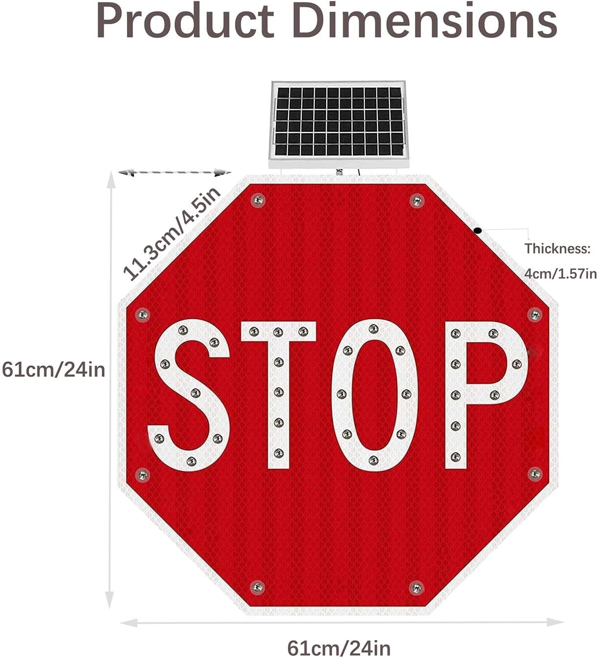 Solar Stop Sign - 24" LED Traffic Sign for Road Safety, Solar-Powered, IP65 Waterproof, Illuminated with Engineer Grade Reflective Sheeting, Durable & Highly Visible
