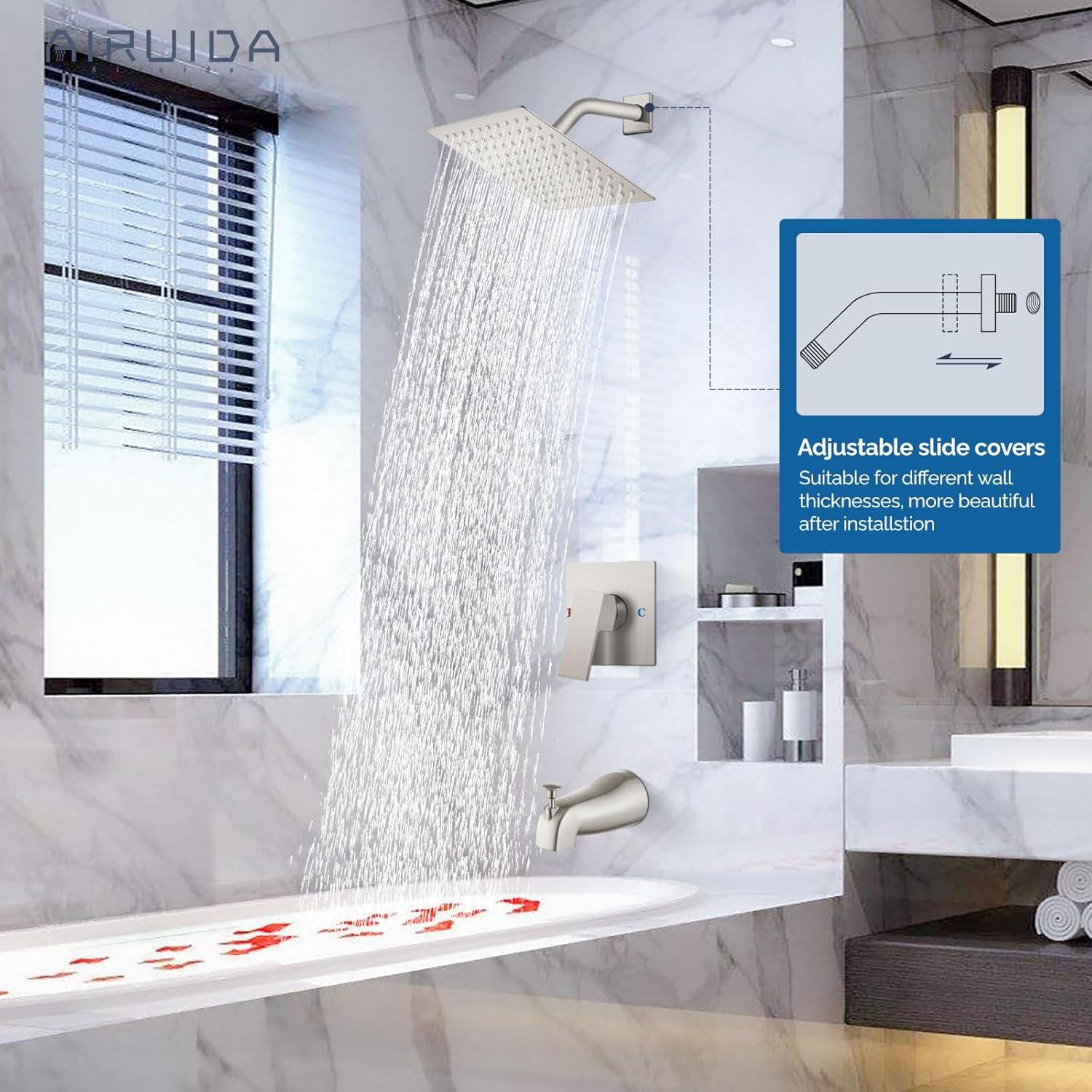 Airuida Wall Mount Bathtub Faucet, Tub Filler with Waterfall Tub Spout, Single Handle Bathroom Mixer Shower Faucet Set with 8 Inch Rainfall Square Showerhead and Tub Spout Bathtub Faucet Kit Shower Tu