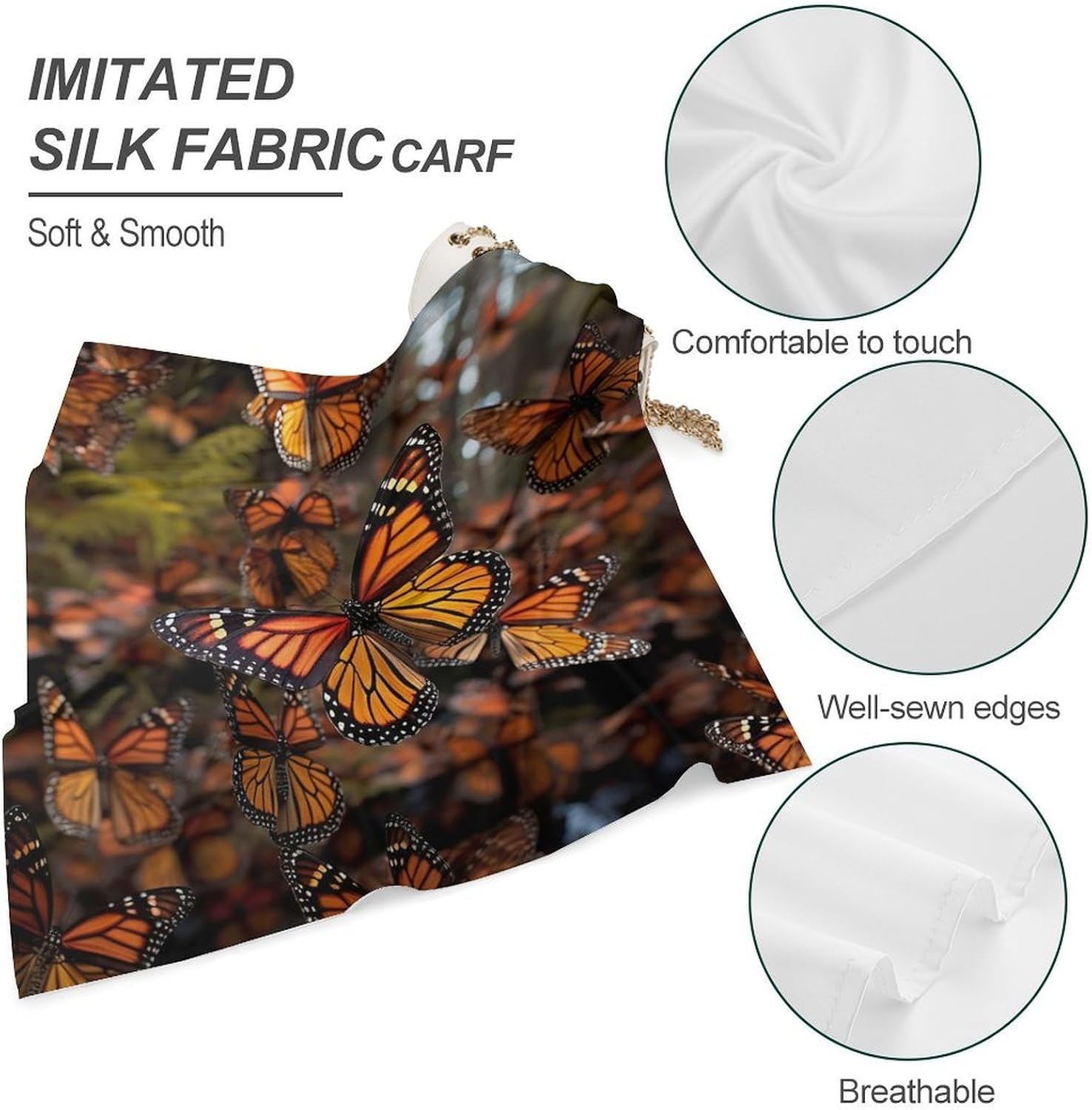 Square Monarch Butterflies Satin Scarf for Women 25 Inch Soft Silky Head Wrap & Neckerchief Lightweight Breathable Hair Bandana for Travel Wedding Daily Styling All Season & Fashion Accessory image 5