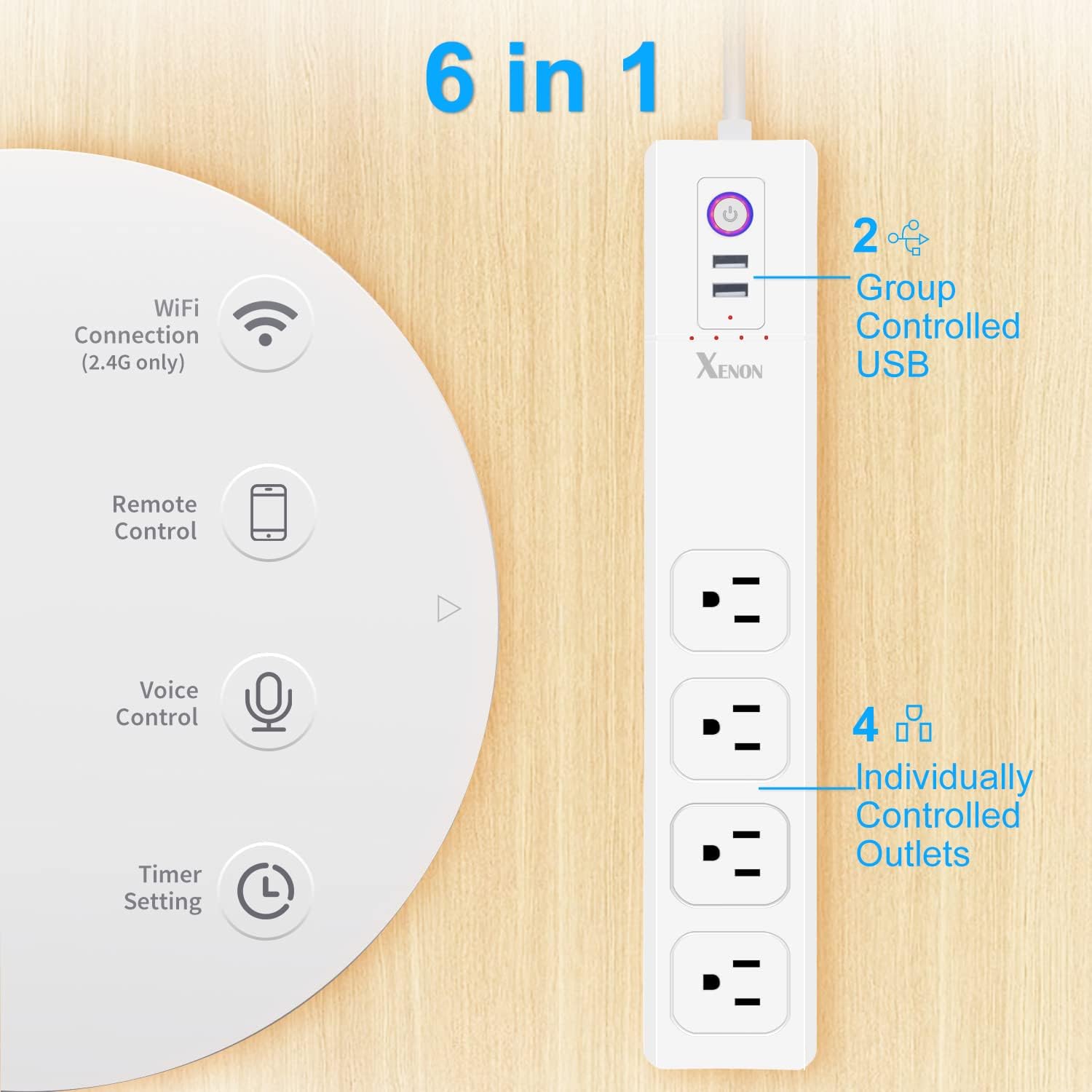 XENON ZigBee Smart Power Strip,Surge Protector with 4 Individually Controlled Smart Outlets and 2 USB Ports, Compatible with Alexa Google Home, 5Feet Extension Cord (Zigbee Version)
