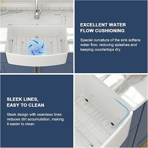 Miniatura 7 de Lordear - Fregadero de cocina de granja de 30 pulgadas, blanco, cerámica de arcilla refractaria y porcelana curva, fregadero delantero de delantal