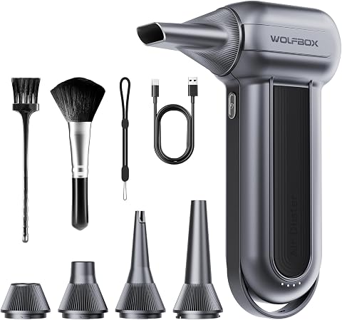WOLFBOX MF100 Electric Air Duster, 150000 RPM, Cordless, 3-Gang für Auto | Wiederaufladbar, für Computer, Tastatur, Outdoor, Haus, 45 m/s, 5 Düsen, 2 Bürsten, 300 g, 2,5 Std. Ladezeit
