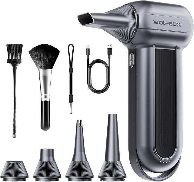WOLFBOX MF100 Electric Air Duster, 150000 RPM, Cordless, 3-Gang für Auto | Wiederaufladbar, für Computer, Tastatur, Outdoor, Haus, 45 m/s, 5 Düsen, 2 Bürsten, 300 g, 2,5 Std. Ladezeit