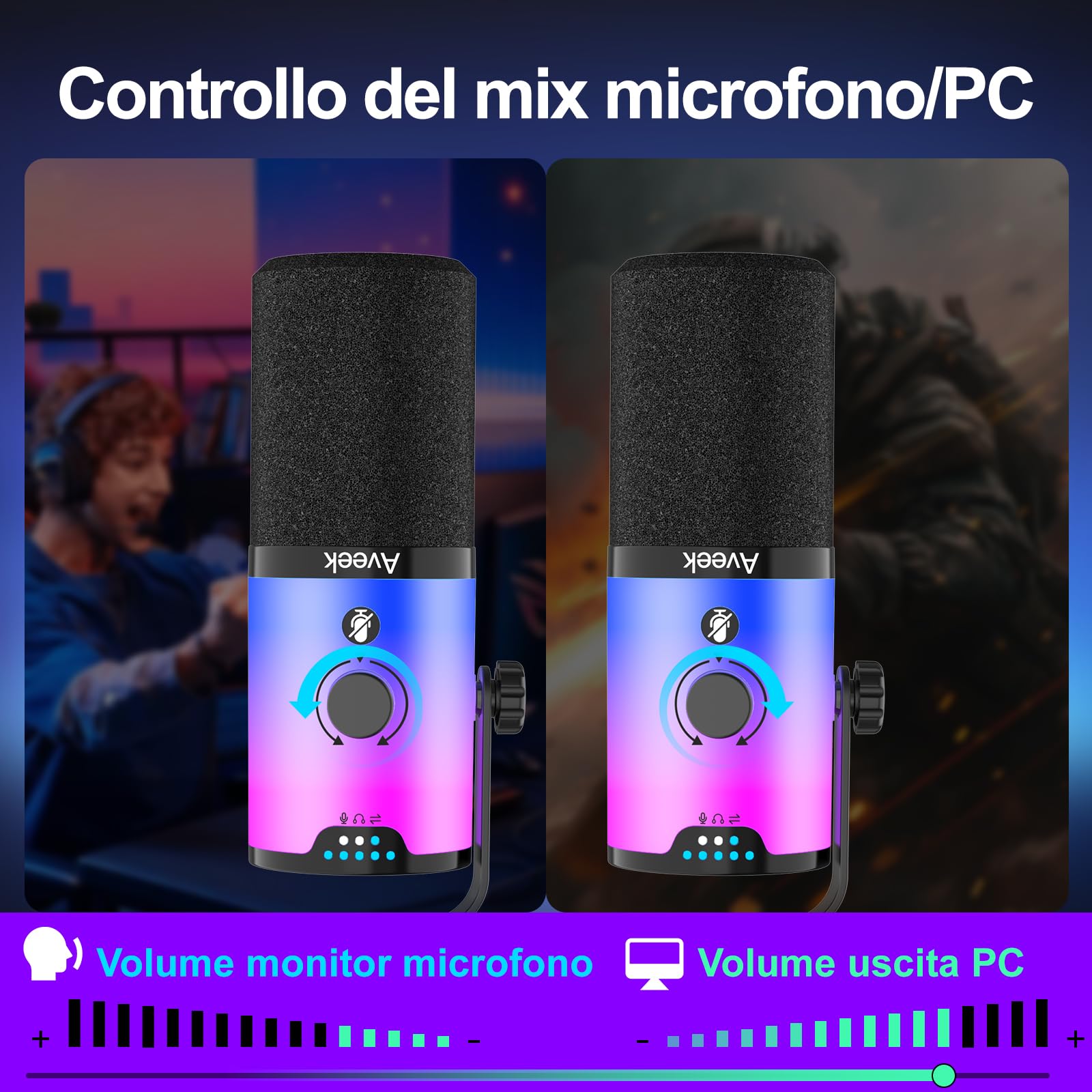 Aveek Microfono Dinamico USB/XLR con Braccio per Gaming & Streaming | Illuminazione RGB, Riduzione del Rumore, Mute One-Touch, Monitor Mix e Jack Cuffie per PC & PS5