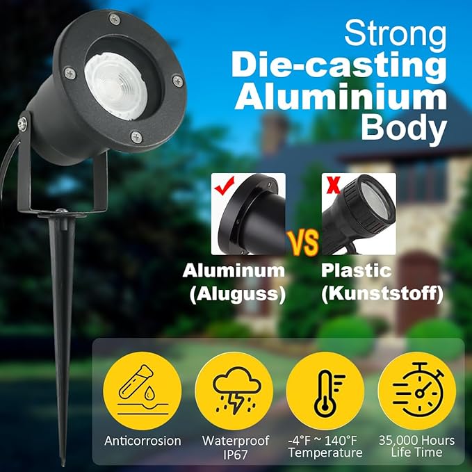 OMSEN OMSEN Tuinspots met grondpen,7W GU10 Warm wit, Robuust Aluminium, Vervangbare GU10 Lampe, IP67 Waterdichte Gazonspot, Prikspot met Stekker, LED Tuinspot met grondspies voor Tuin, Boom, Gazon, Planten photo 2