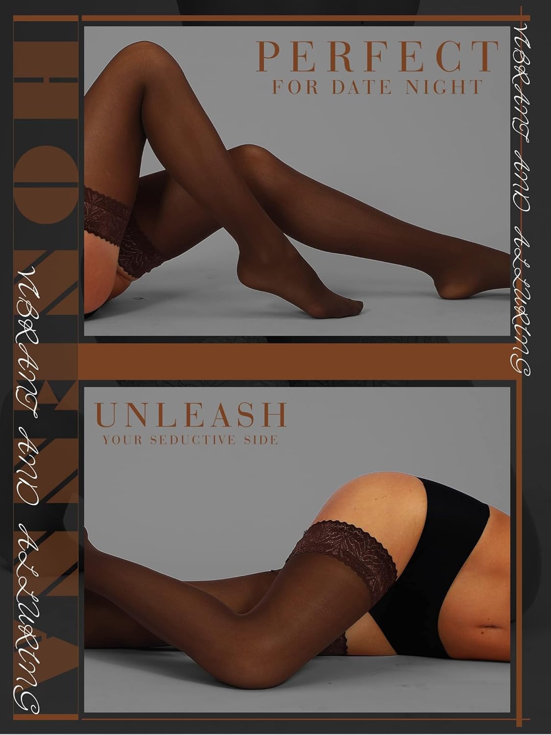 HONENNA Semi Sheer Stay Up Lingerie Thigh High Stockings Lace Top Size A-F - Image 5