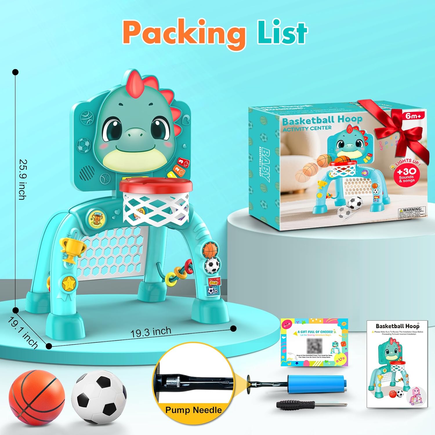 Dinosaur Kids Sports Play Toy: 4-in-1 Multifunction Indoor Outdoor Activity – Basketball Toss, Ring Throw, Ball Play & Music Lights to Improve Motor Skills, Birthday Gift for Boys Girls Age 1-3