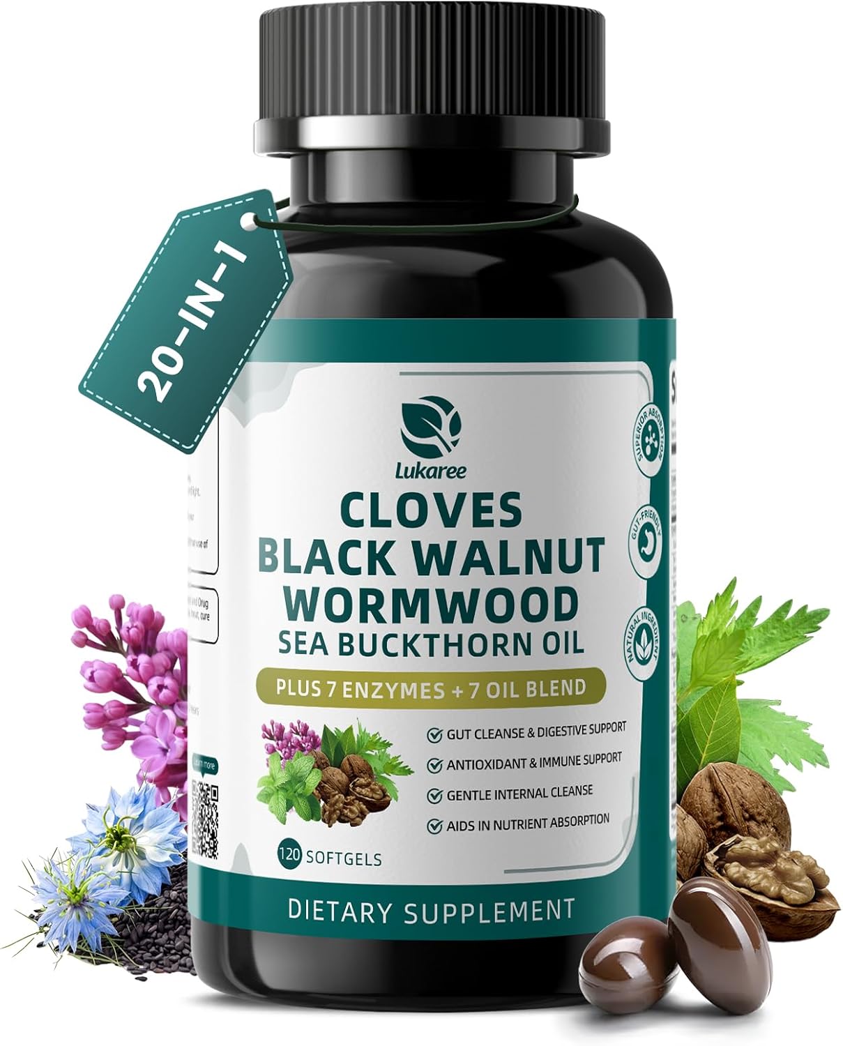 Lukaree Wormwood Black Walnut Clove Cleanse for Humans Softgels, 20-in-1 Extra Strength | Gut Cleanse & Digestive Health w/ 7 Oils & 7 Enzymes | 10X Concentrated, Men & Women Natural Herb - 120 CT