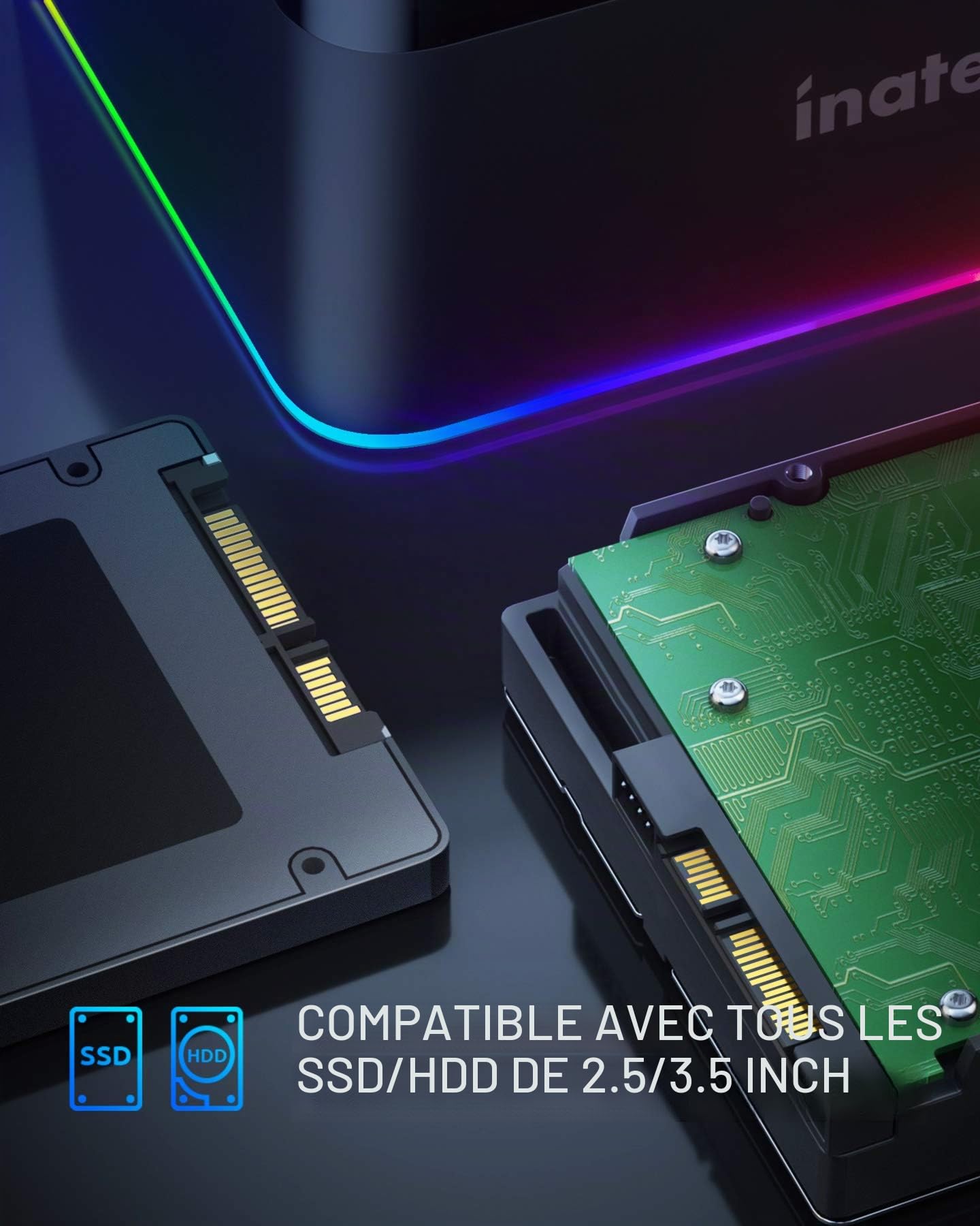 Inateck RGB USB 3.0 Station d’Accueil, avec la Fonction de Clone Hors-Ligne, pour HDDs et SSDs 2,5 et 3,5 Pouces, Double Baie 2 x 20 to, UASP Soutenu (SA02003-BK)