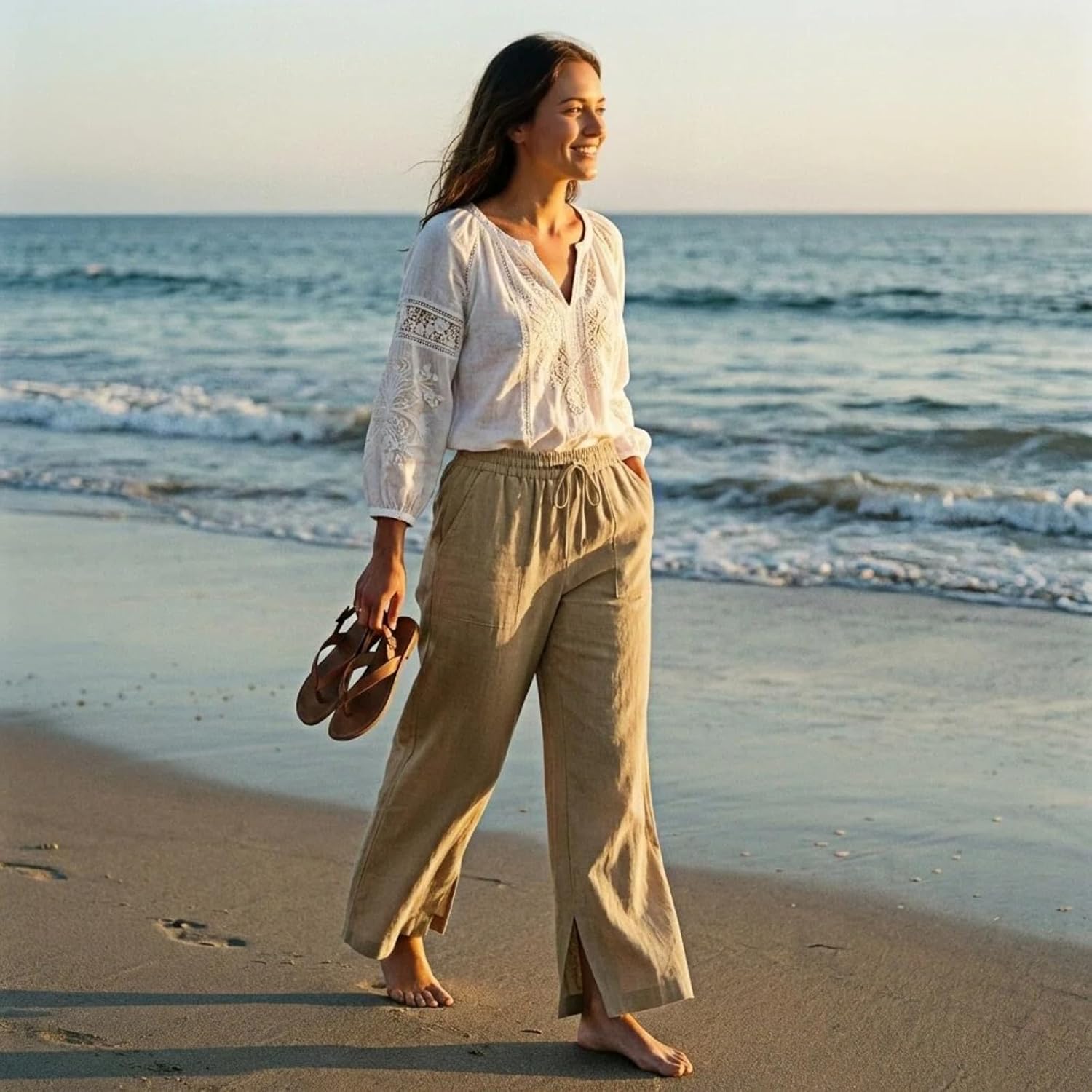 Women's Linen Wide Leg Pants High Waist Palazzo Trousers with Split Ankle Boho Casual Beach Travel Outfits Spring Summer 2026 - Image 2