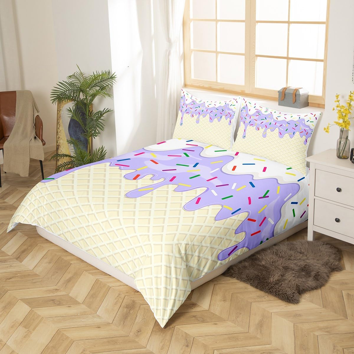 Girls Ice Cream Party Bedding Set,Sweet Theme Duvet Cover for Teens,Kids Purple White Yellow Comforter Cover Decorative Room,Colorful Candy Quilt Cover with 2 Pillowcases,Full Size(No Comforter)