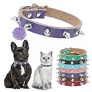 BINGPET Spiked Leather Cat Collar with Bells, Studded Dog Collar with Buckle, Soft Goth Kitten Collars with Spikes Adjustable, Punk Gothic Pet Accessories for Small Dog Puppies, Purple 7.9 "- 10.2"