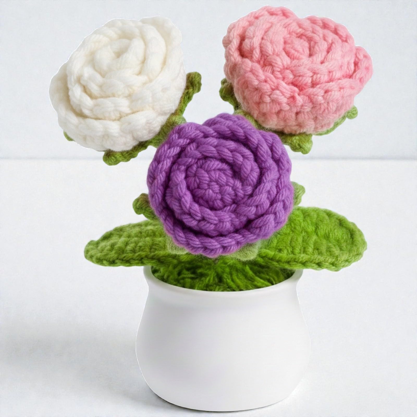 Handmade Crochet Roses in White Pot - 5" Artificial Knitted Rose Flowers for Home Office Desk Decor, Anniversary, Mother's Day, Valentine’s Day & Family Birthday Gift (White, Pink & Violet)