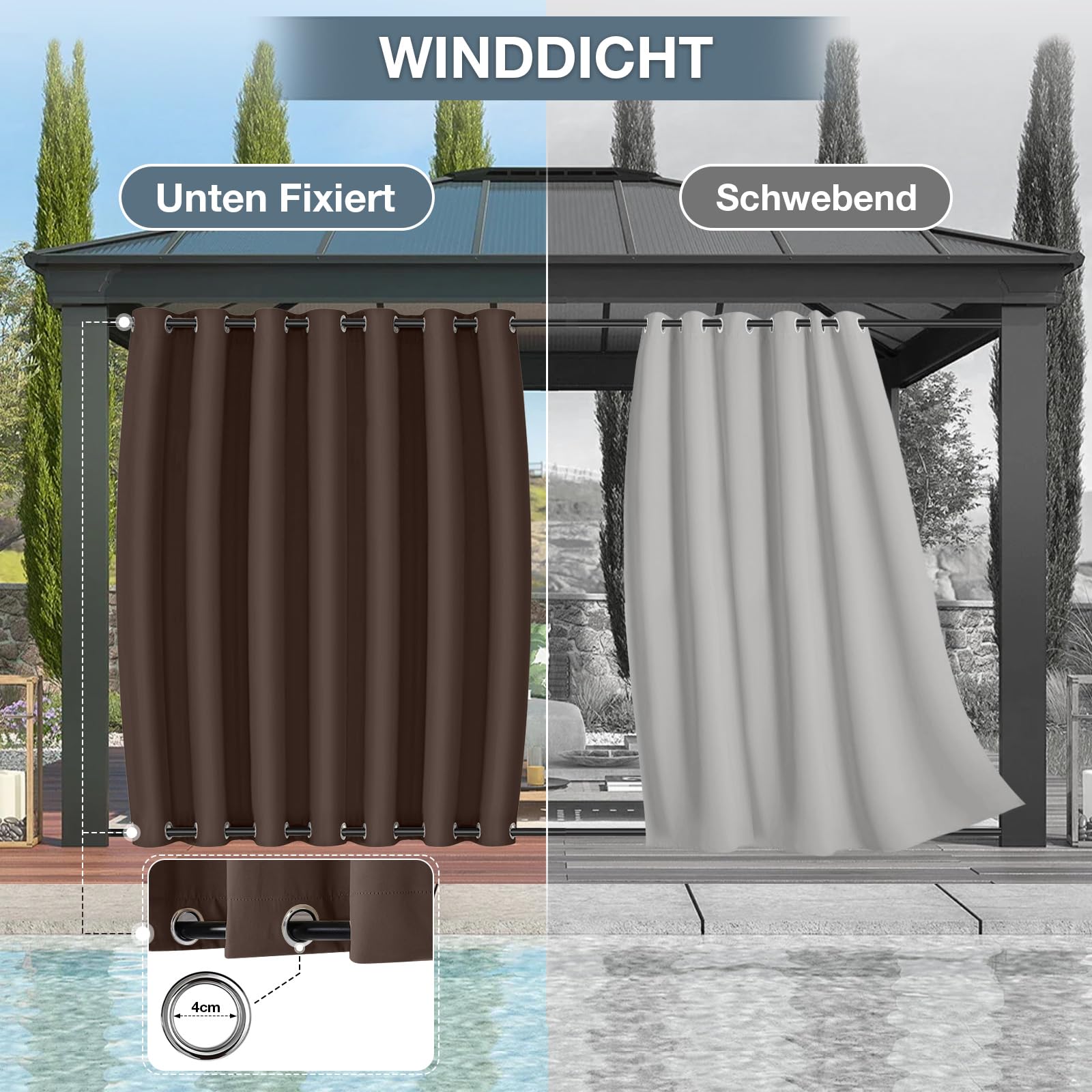 Outdoor Vorhang Wetterfest B254xH213CM, Wasserdicht Outdoorvorhänge mit Ösen, Aussen Gardinen Winddicht Sonnenschutz Sichtschutz für Garten Terrasse Balkon Pergola Pavillon (Schokoladenbraun)