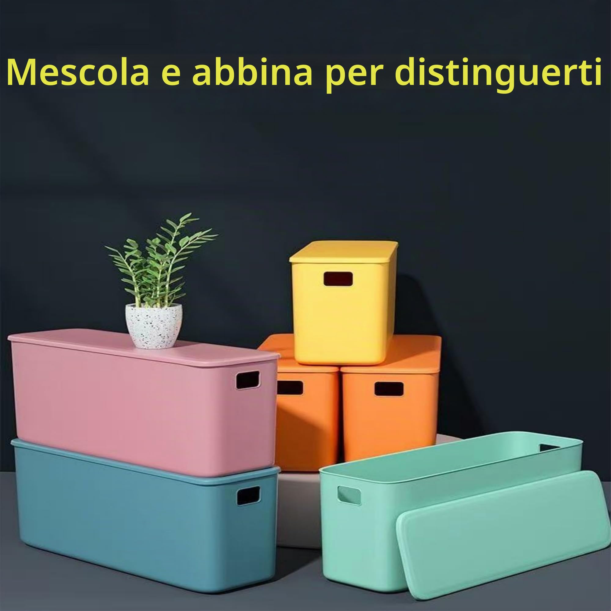 Set di 4 Scatole Portaoggetti Impilabili con Coperchio, Contenitori in Plastica Multiuso per Casa, Scaffali, Cucina, Bagno (Giallo, 37 * 13 * 15cm)