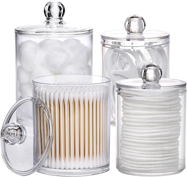 Tbestmax 4 Pack Qtip Holder 10oz, 12oz Bathroom Storage Containers Clear Plastic Apothecary Jars with Lids for Organizing Cotton Ball, Cotton Swab, Cotton Round Pads, Floss