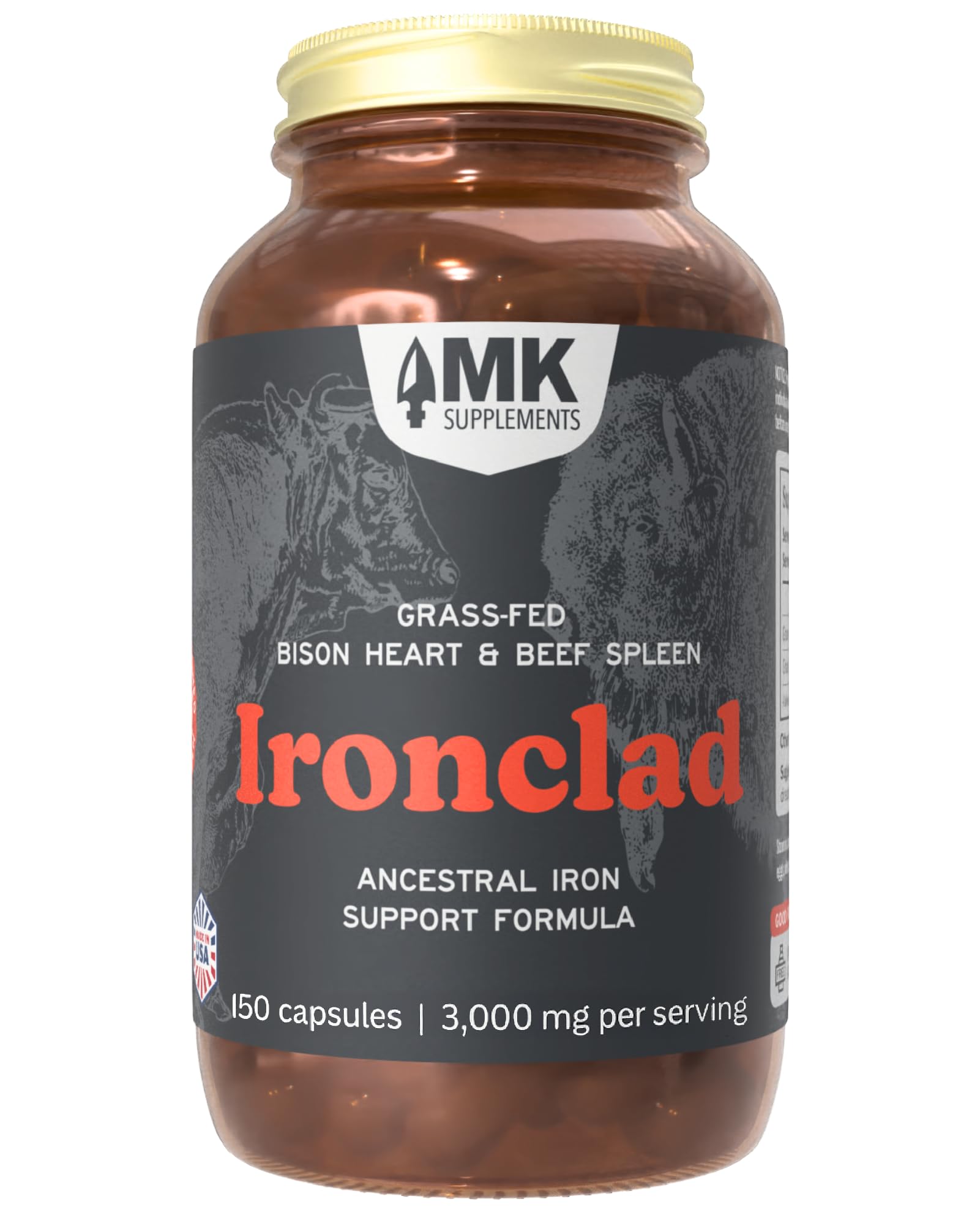 MK Supplements Suplemento de Ferro com Baço Bovino, Coração de Bisão, Ferro Heme e CoQ10, 150 cápsulas