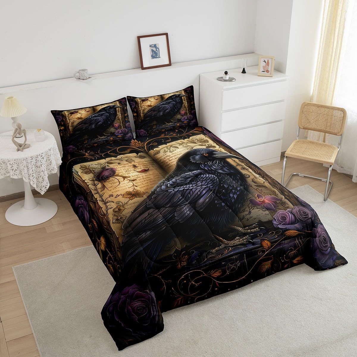 Gothic Crow Kids Comforter Set Queen Size,Halloween Bird Animal Black Reversible Bedding Set for Adult,Purple Floral Golden Plaid Luxury Bed Duvet Insert, 2 Pillowcases