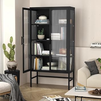 Display Cabinet with Glass Doors, Curio Cabinet with 3-Tier Adjustable Shelves Storage Cabinet for Home, Living Room and Office Black One Size