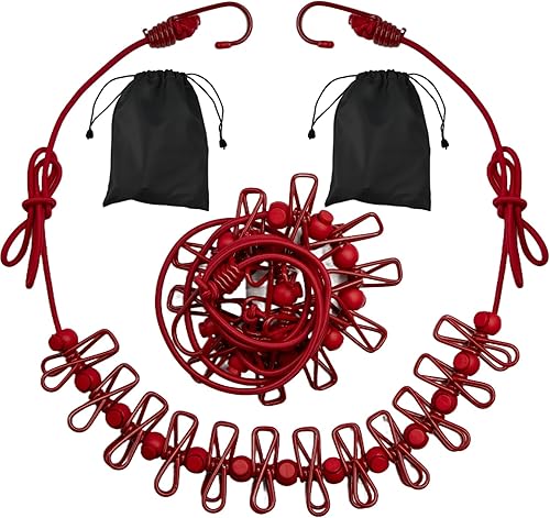 Vista 9 de Paquete de 2 tendederos portátiles para acampar, 12 pinzas para la ropa, accesorios de camping, tendedero de viaje para interiores y exteriores