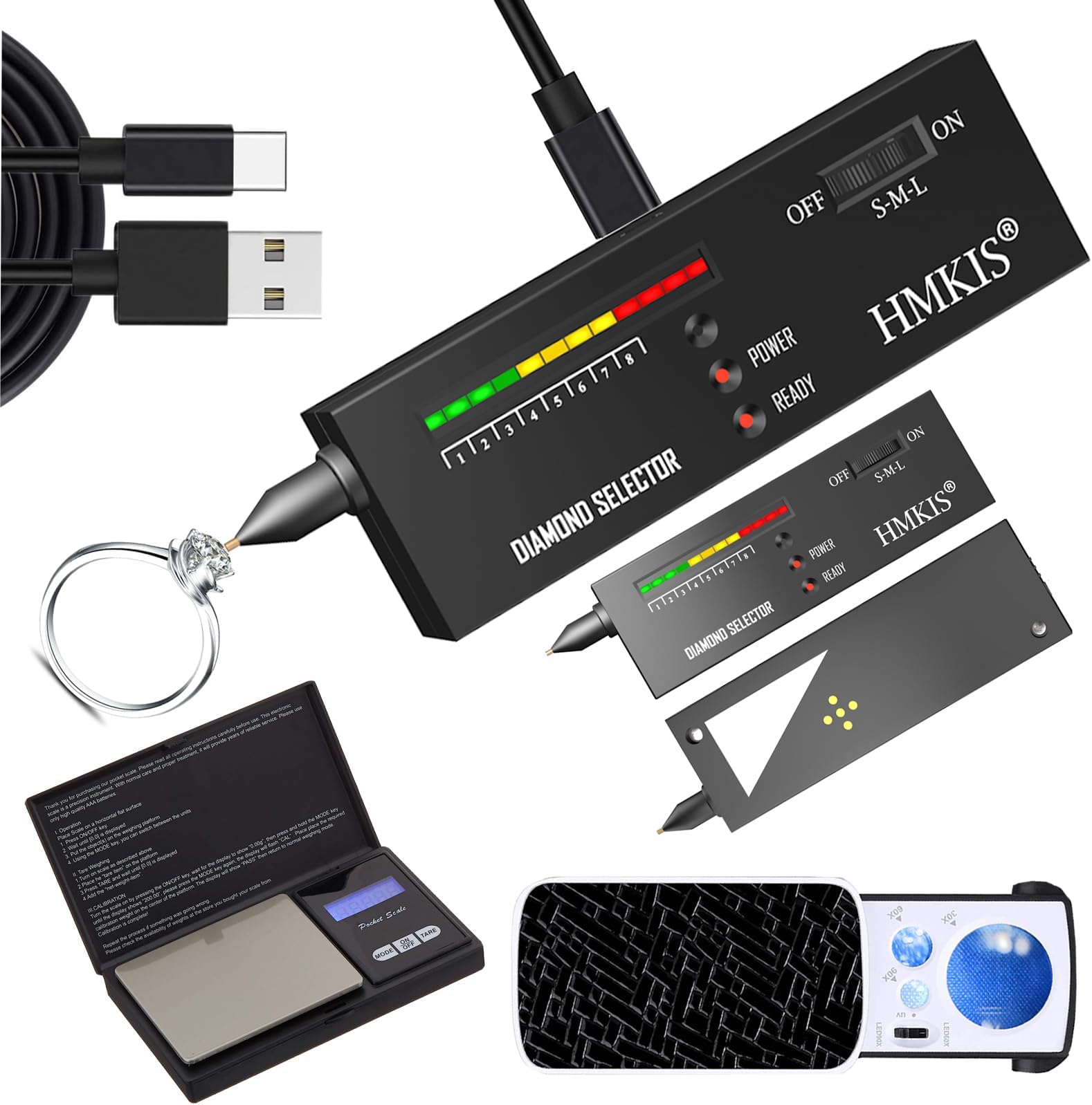 Diamond Tester＋200g/0.01g Mini Jewelry Scale＋ 60X Mini LED Magnifying, Professional Diamond Selector for Novice and Expert, Thermal Conductivity Meter (Non-Rechargeable)