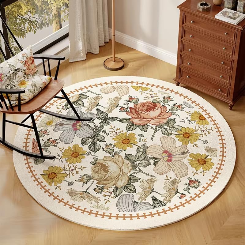 Tapis de salon style américain rond motif floral premium