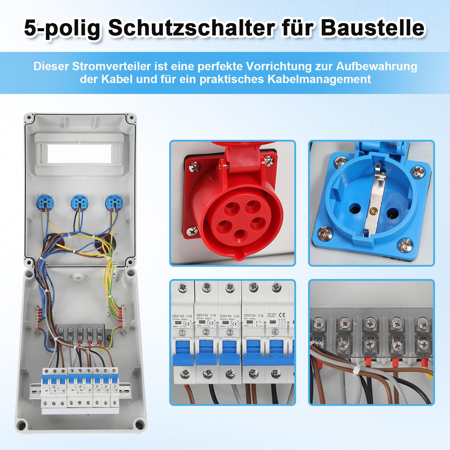 Distributore di corrente IP65 senza FI, con CEE 16A & 32A 400V e Schuko 230V, distributore a parete a 5 poli per cantieri, industrie, interni ed esterni, alloggiamento resistente alle