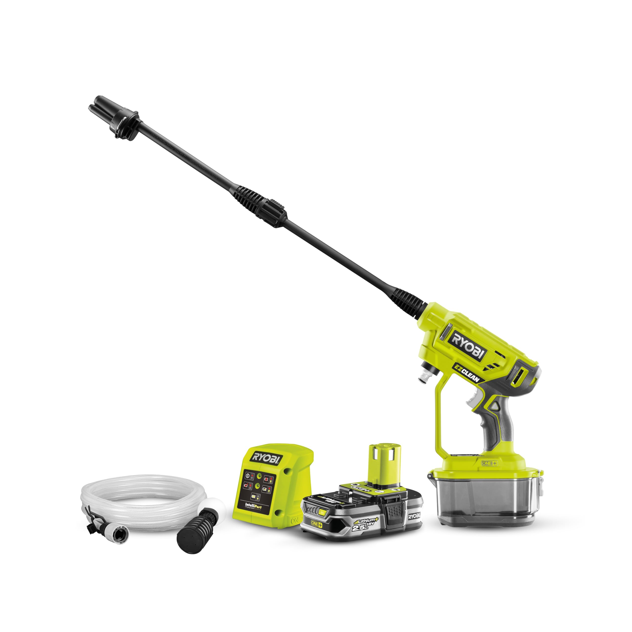 Ryobi - Pistola Alta Presión Inalámbrica 18V ONE+, 22bar, 182L, Boquilla 3en1, Limpiador Toda Superficie, Manguera 6m con Colador y Filtro, 1 Batería 2,5Ah y 1 Cargador 1,5A, RY18PW22A-125