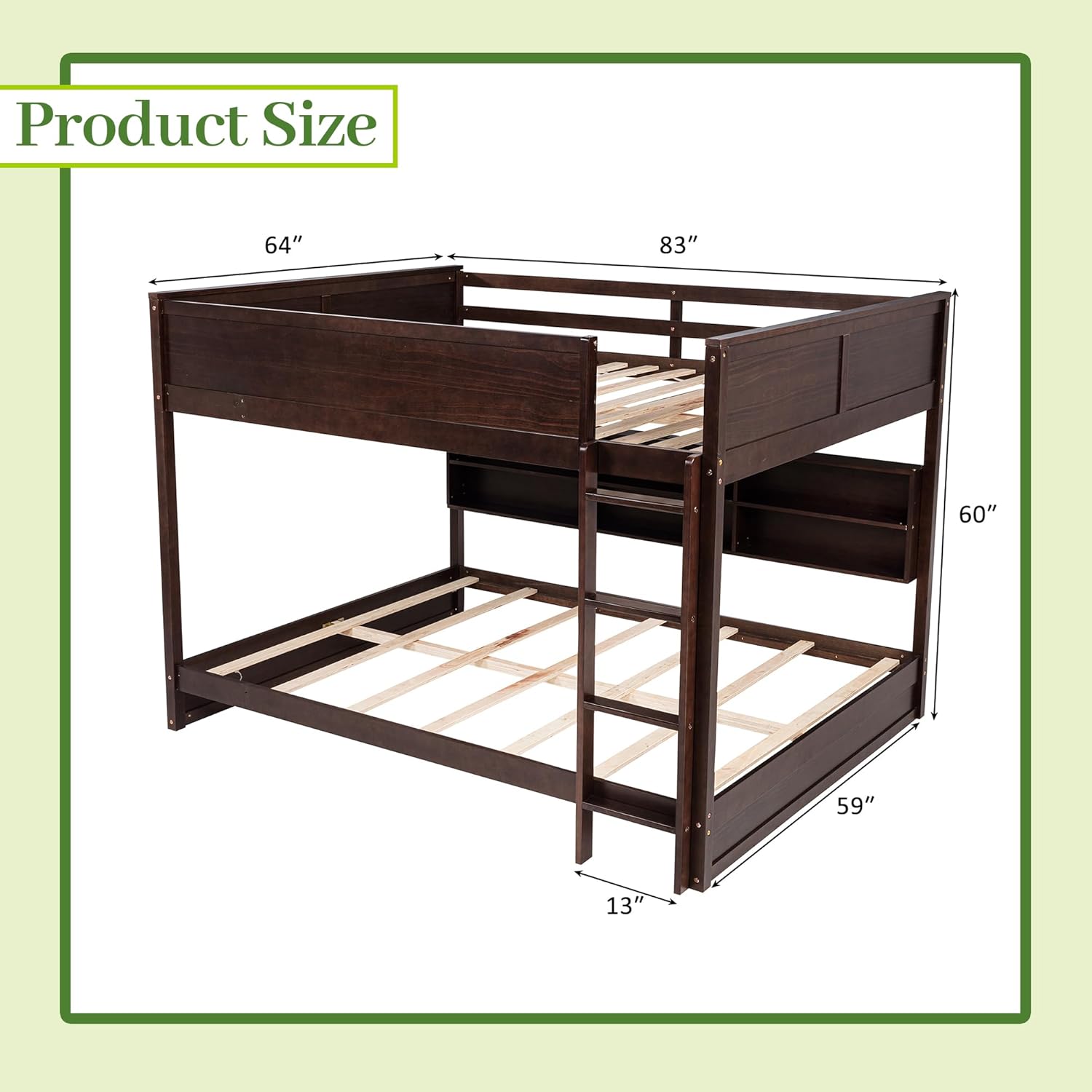 Queen Over Queen Bunk Bed, Solid Pine Wood Bunk Bed with Built-in Storage Cabinets, Charging Station, Ladder,Safety Guardrails, No squeaking for Teens & Adults, Brwon