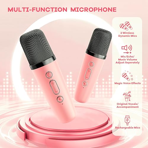 Miniatura 106 de Mini máquina de karaoke con 2 micrófonos inalámbricos para niños y adultos, altavoz Bluetooth portátil, regalo de cumpleaños de Navidad 2025