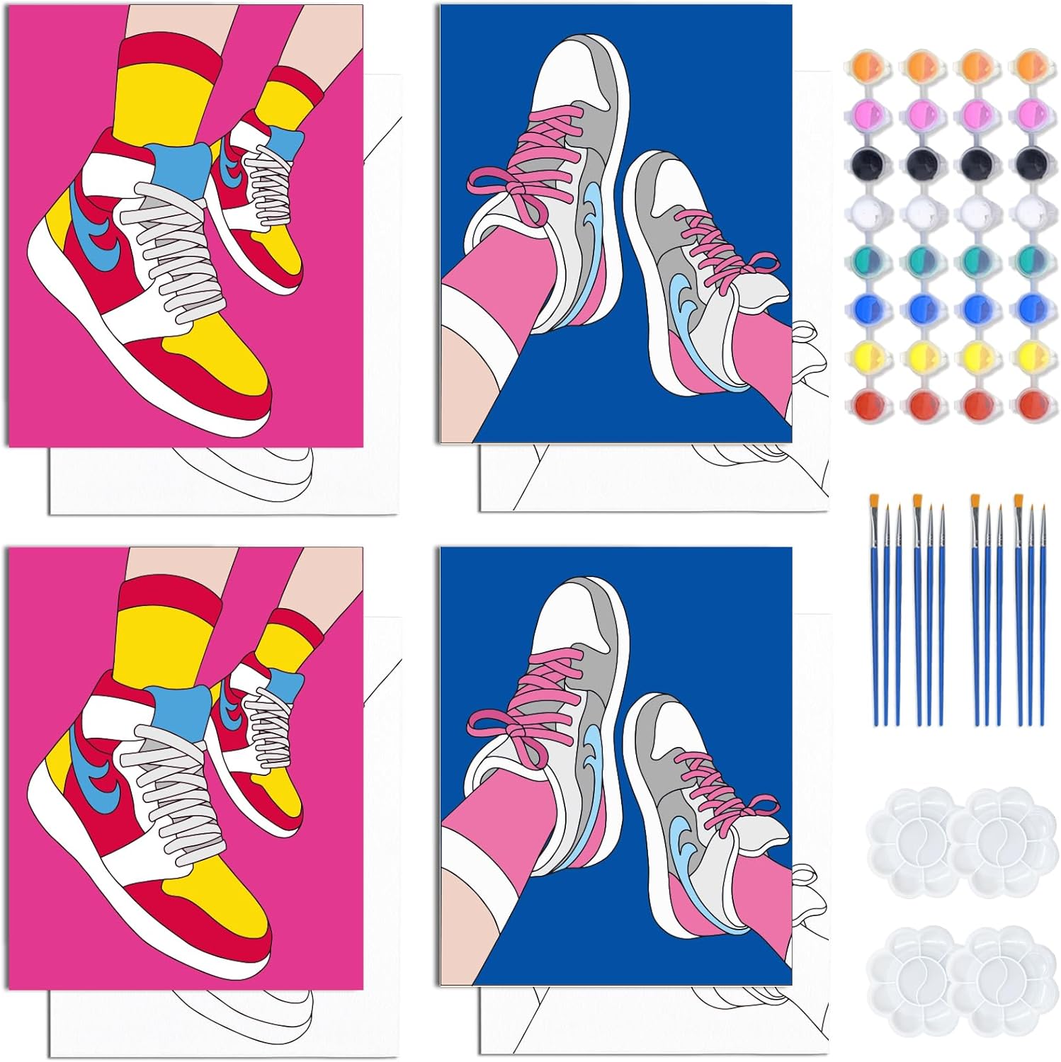 WEBEEDY 4 Pack Pre Drawn Canvas Sneaker Painting Kit 8x10 Inch Pre-Sketched Sports Shoes Canvas for Adult, Sip and Paint Kit for Valentine's Day Wedding Date Night Christmas Party Favor Gift