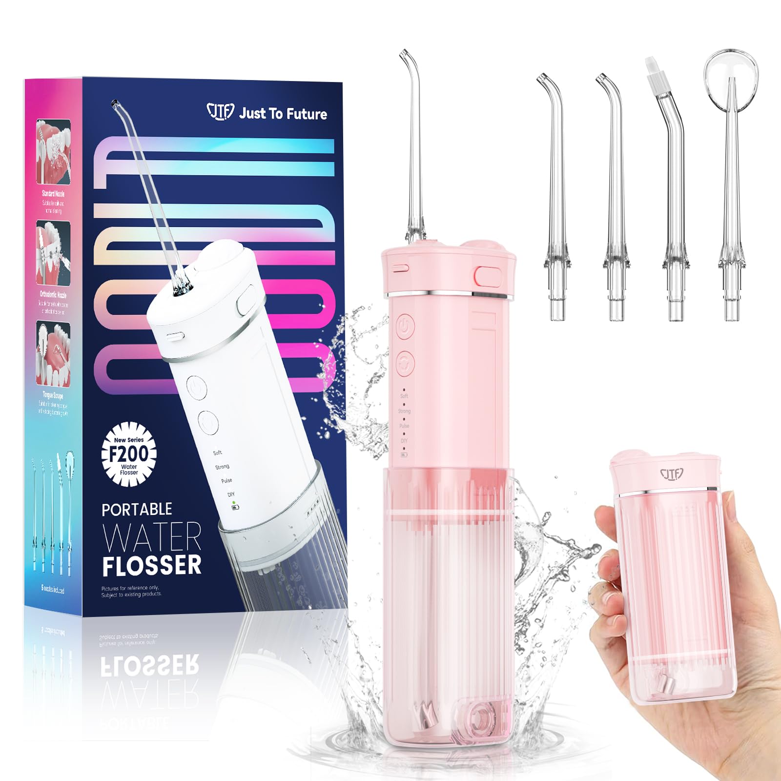 JTF Irrigador Bucal Mini, Portátil Dental Limpieza Eléctrica Inalámbrico Viaje con 5 Boquillas, 4 Modos de Pulso, 230 ML Depósito de Agua Retráctil, IPX7 Resistente Al Agua (Rosa)
