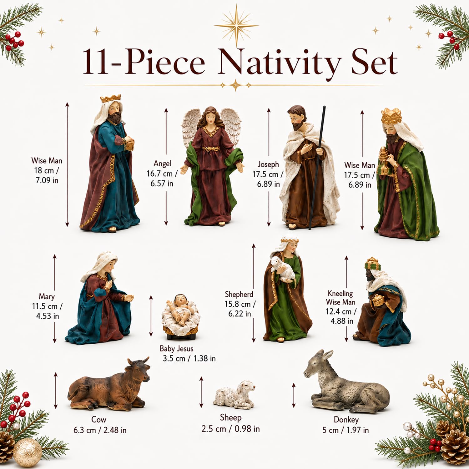 Crèche de Noël 11 pièces de 22,9 cm de haut, grande crèche de Noël Sainte | Figurines religieuses en résine peintes à la main avec bébé Jésus, Marie, Joseph, ange et mages pour décoration de table