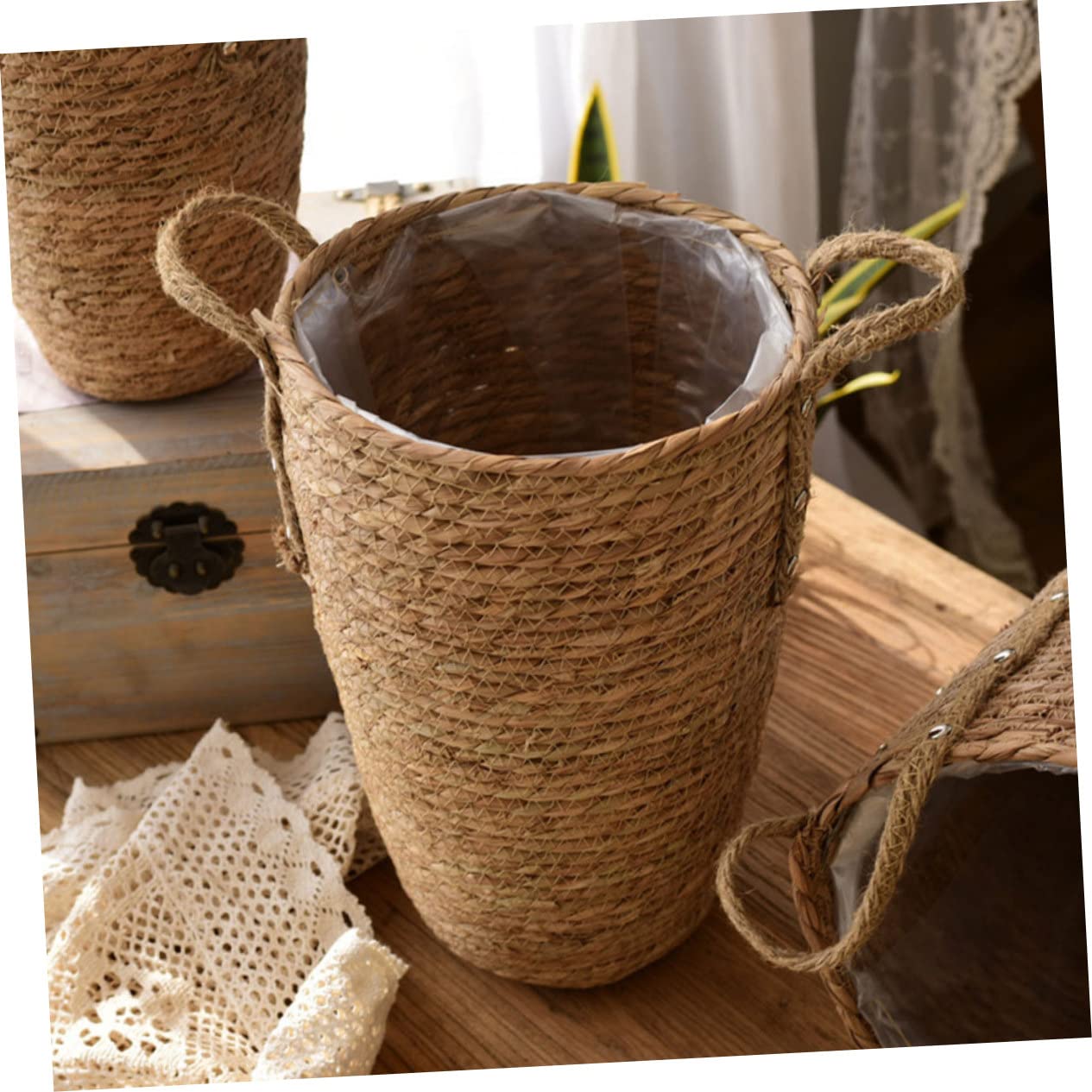 Cesta Tejida a Mano Grande de Paja para Flores y Plantas | Uso Interior Hogar, Estilo Rústico y Elegante, Pieza Decorativa Práctica para Espacios Amplios